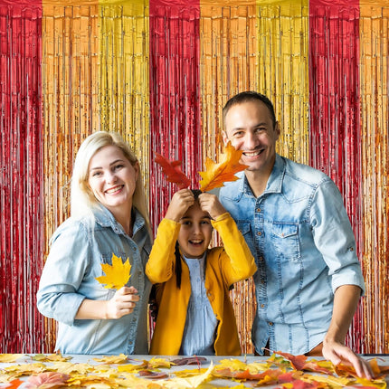 Fall Harvest Photo Backdrop 2 Pack Foil Fringe Curtains Red Gold Orange 3.3x6.6 Ft