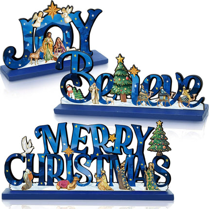 3-Pc Wooden Nativity Table Decor – Christian Christmas Centerpiece Set (Blue)
