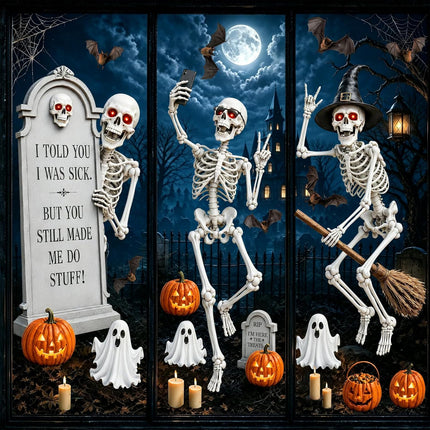 6-Sheet Extra Large Halloween Window Clings, Reusable Skeleton Bat Ghost Pumpkin Decals