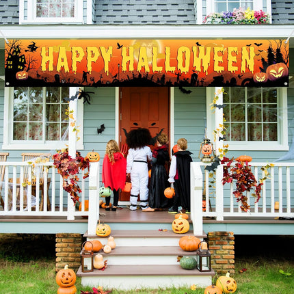 Happy Halloween Yard Banner 120x20in, Black Orange Welcome Flag for Porch & Garden