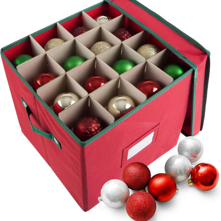 Christmas Decor Storage Box – Red Canvas Cube with 64 Dividers & Lid
