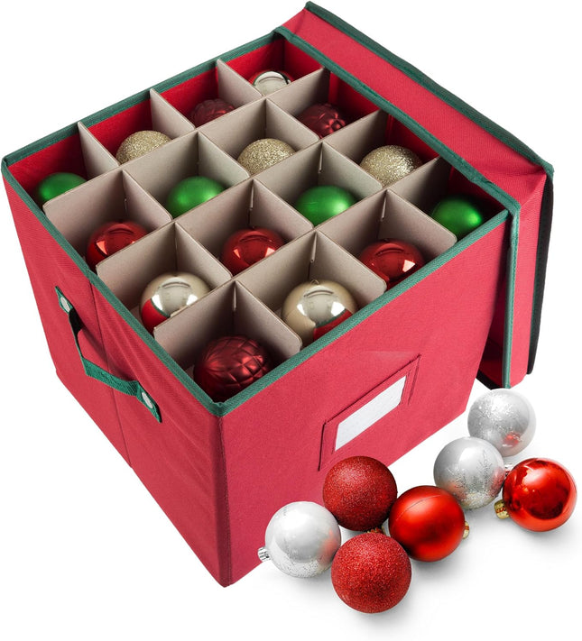 Christmas Decor Storage Box – Red Canvas Cube with 64 Dividers & Lid