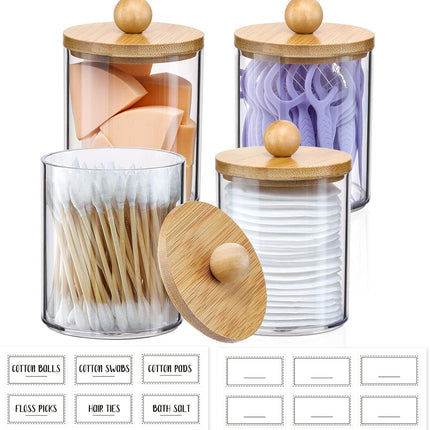 4-Pack Qtip Holder Dispenser – Clear Plastic Jars with Bamboo Lids