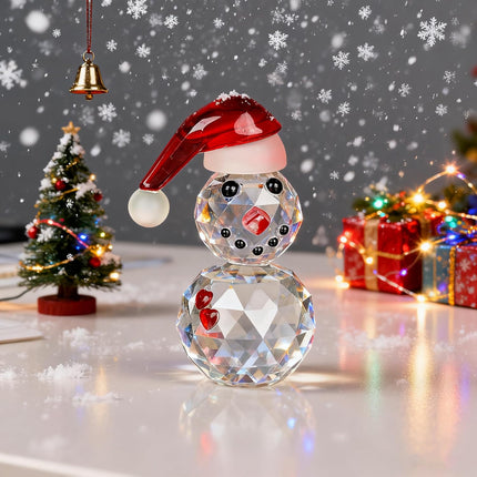 Christmas Glass Snowman Figurine | Red Hat Ornament & Paperweight