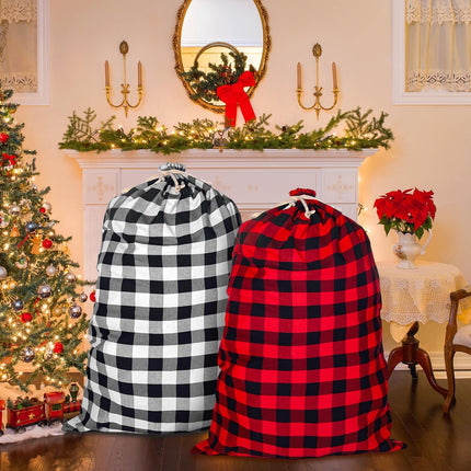 New Upgraded Large Fabric Drawstring Gift Bags – 47x28 Inch, 2 Pcs Buffalo Plaid Big Gift Bags