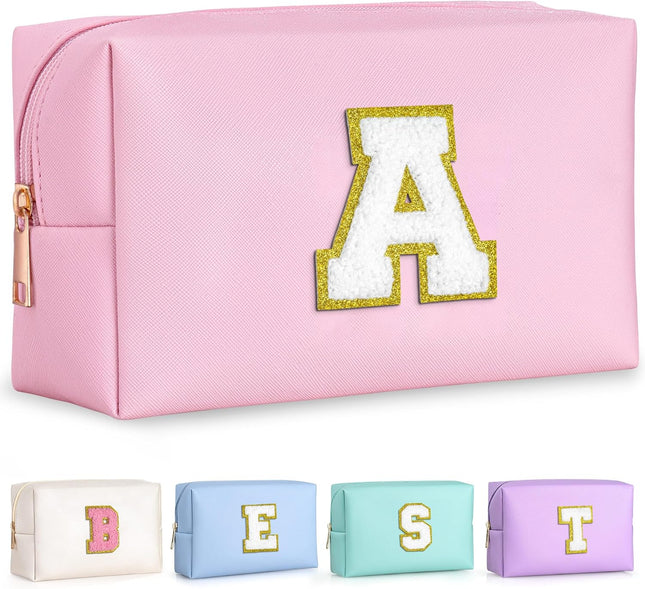Personalized Initial Makeup Bag – Birthday Gift for Teen Girls (Pink A, Preppy Style)