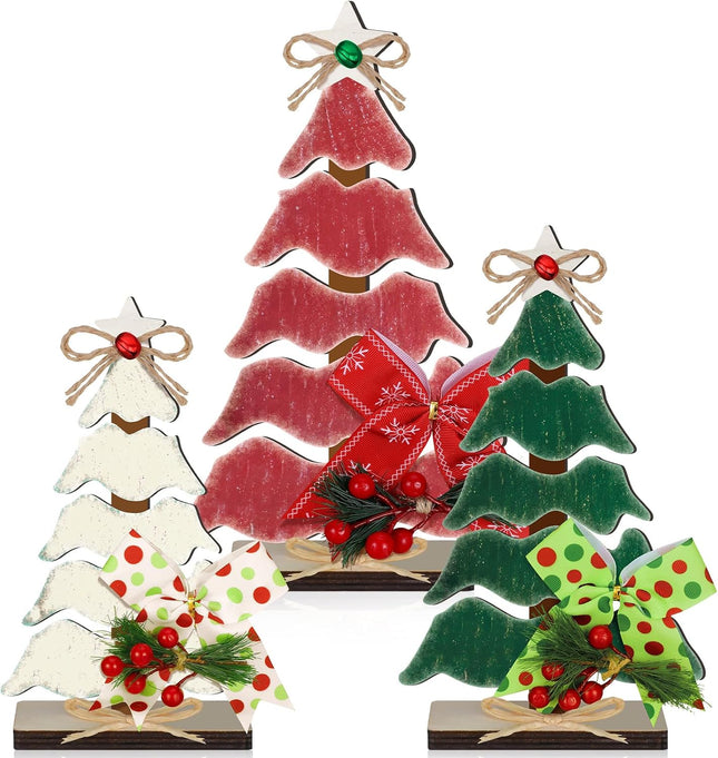 3 Pcs Wooden Christmas Tree Tabletop Decor – Rustic Tiered Tray Centerpiece