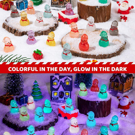 46 PCS Glow-in-the-Dark Mini Snowman Figurines – 9 Colors Xmas Decor