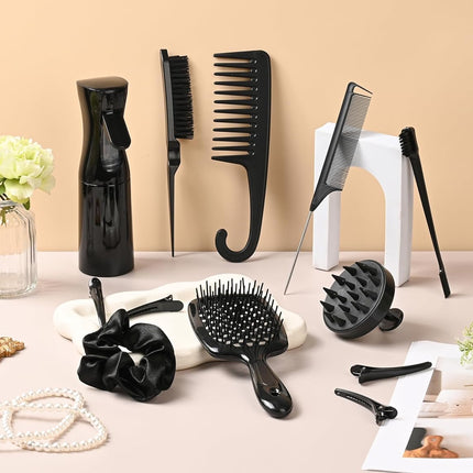 12-Piece Hair Styling Brush Set – Detangler, Teasing, Edge & Baby Hair Brushes (Black)