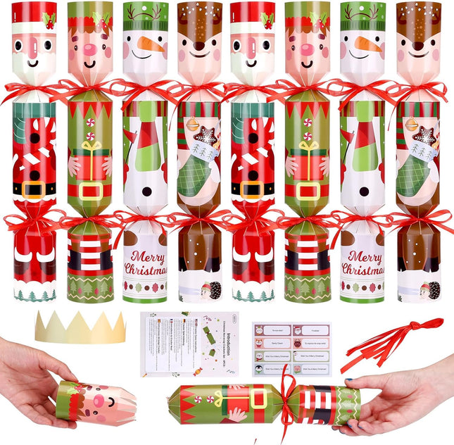 8 Pack Christmas Crackers – 15x2.5in Non-Snap Party Favors with Characters