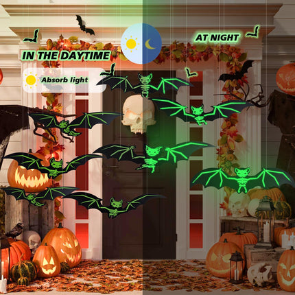 12PCS Light-Up 3D Flying Bat Decorations, Glowing Wall & Window Halloween Decor