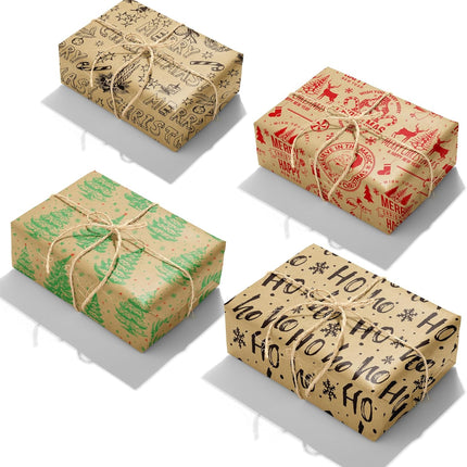 Christmas Gift Wrap Set – 8 Sheets Kraft Vintage Santa & Festive Trees