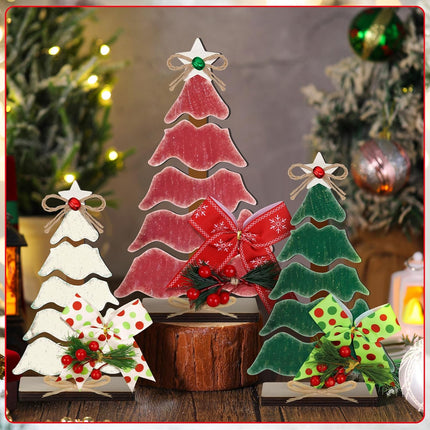 3 Pcs Wooden Christmas Tree Tabletop Decor – Rustic Tiered Tray Centerpiece