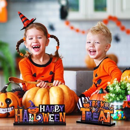 4-Piece Halloween Wooden Table Signs, BOO Trick or Treat Pumpkin Witch Centerpieces