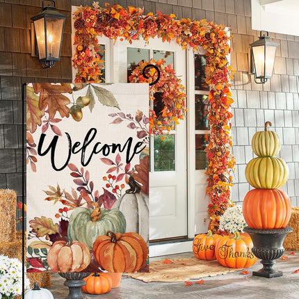 12x18in Fall Pumpkin Leaves Garden Flag, Double-Sided Burlap Autumn Thanksgiving Decor