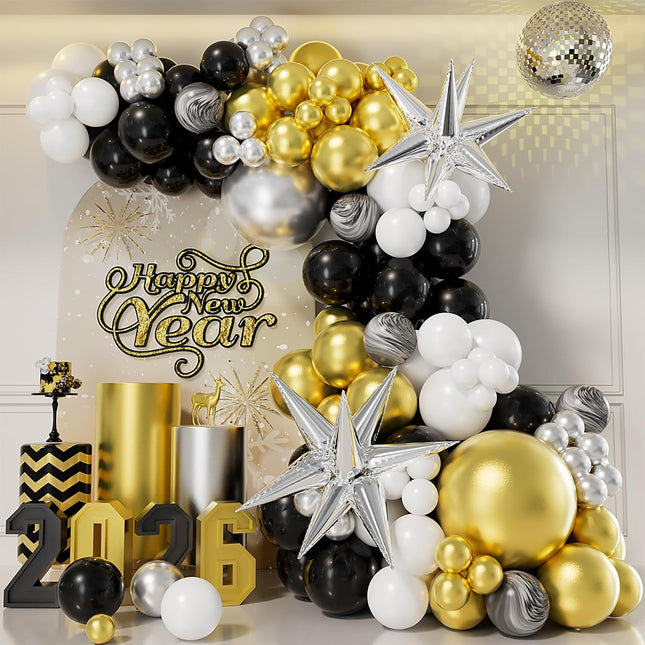 New Year 2026 Balloon Arch Kit Black Gold Silver White Star Party Decorations