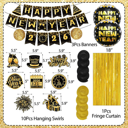 25-Piece 2026 New Year Party Supplies – Black & Gold Banner & Balloons