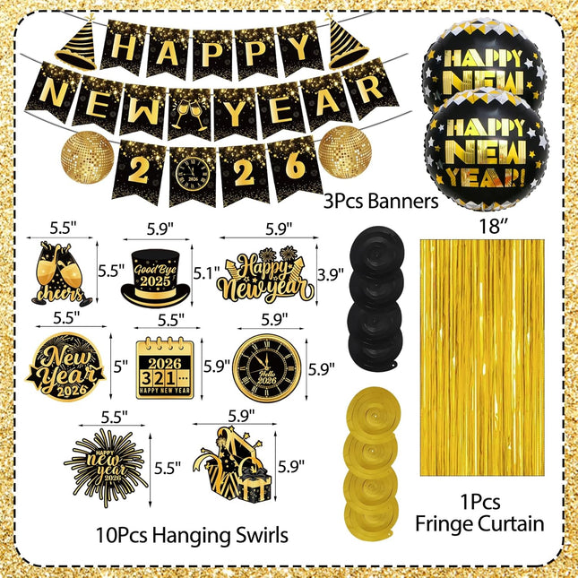 25-Piece 2026 New Year Party Supplies – Black & Gold Banner & Balloons