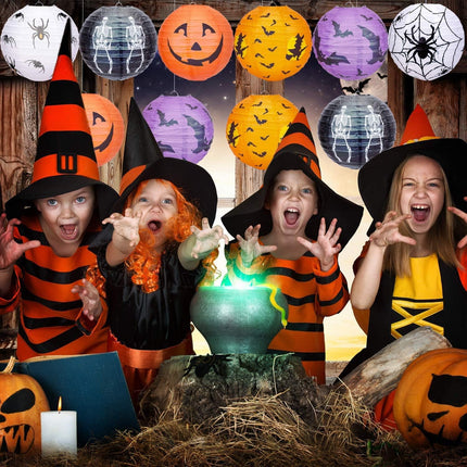 10-Pack 10in Halloween Paper Lanterns, Jack-O-Lantern Spider Skeleton Pumpkin Decor