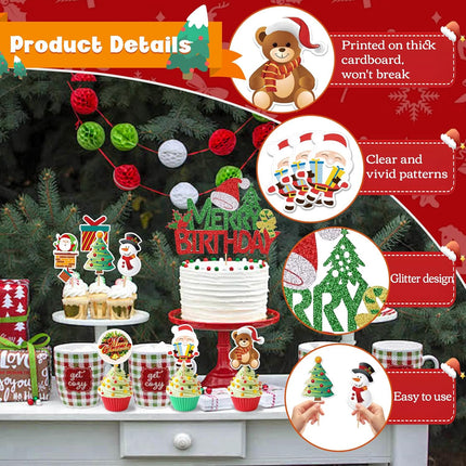 43-Pcs Christmas Cake Toppers – Glitter Santa, Snowman & Socks Cupcake Decor