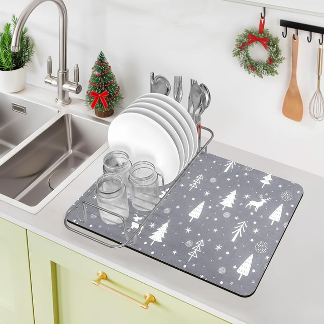 Christmas Dish Drying Mat 12x20" | Super Absorbent Gray Kitchen Mat