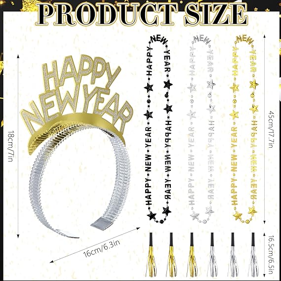 New Year 2026 Party Supplies 18 or 36 PCS Headband Tiara Necklace Noise Maker