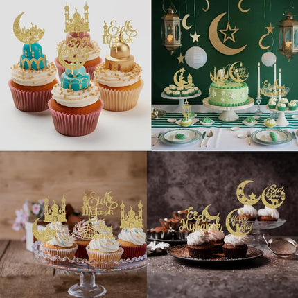 60PCS Eid Mubarak Cupcake Toppers Glitter Moon Star Ramadan Party Decor