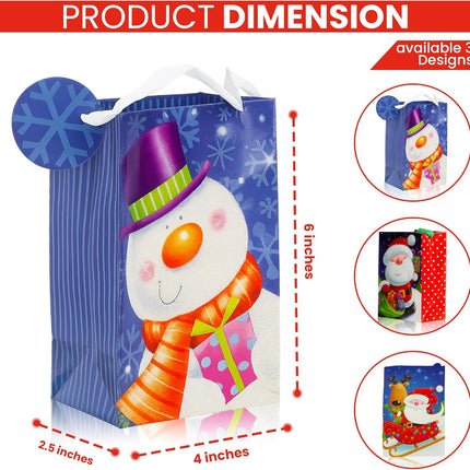 20-Pack Small Christmas Gift Bags – 4x6x2.5" Snowman, Santa & Reindeer