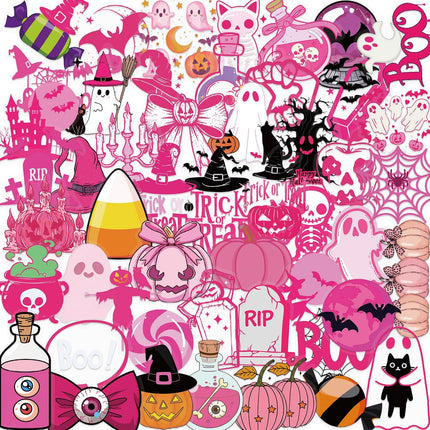 50-Piece Pink Halloween Stickers, Kawaii Ghost Pumpkin Cat Witch Vinyl Decals