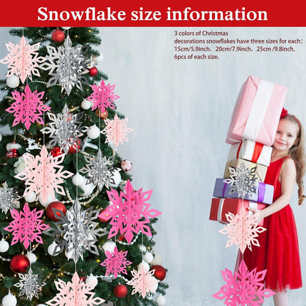 18-Piece 3D Pink & Silver Snowflake Ornaments with Glitter for Christmas Hanging Decorations