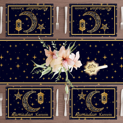 Black Gold Moon Stars Lantern Placemats – Set of 4 for Ramadan Table Decor