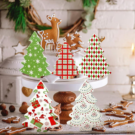 5PCS Wooden Christmas Tree Decor – Tiered Tray & Table Centerpieces Plaid Set