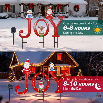 Christmas Yard Stakes Solar Lighted Joy Sign with Santa, Reindeer, Snowman