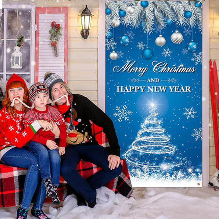 Merry Christmas & Happy New Year Door Cover – Blue Front Door Banner Holiday Decor