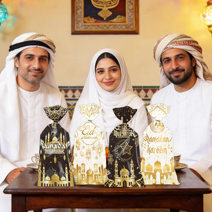 100PCS Eid Mubarak Treat Bags Black Gold Castle Moon Star with Twist Ties