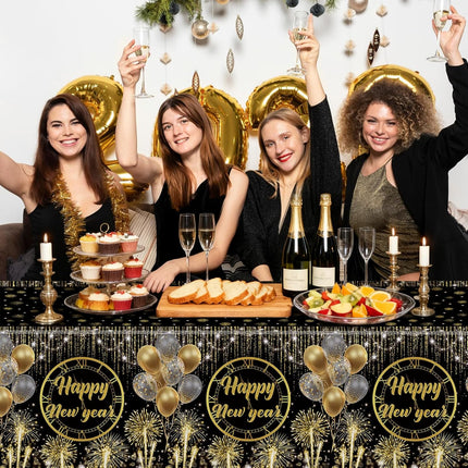 New Year 2026 Tablecloth – Black & Gold Disposable Table Cover 108×54