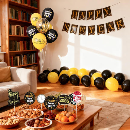 Happy New Year 2026 Party Decorations – Black & Gold Balloons & Banner Set