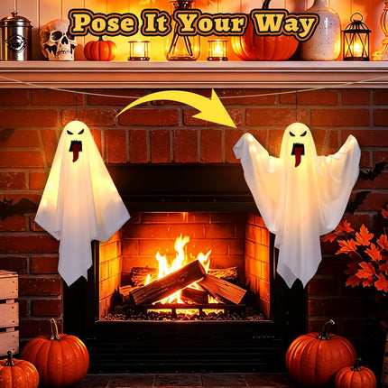 4-Pack Light-Up Hanging Ghosts, 3 Modes, DIY Arms, Indoor Outdoor Halloween Decor