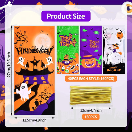 160PCS Halloween Cellophane Treat Bags, Pumpkin Ghost Witch Spider with Twist Ties