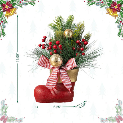 Mini Christmas Tree Decoration Red Boot Base Pine Needle & Berry Ornaments Xmas Table Decor