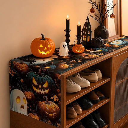 Halloween Scary Pumpkin Table Runner 13x72in, Spooky Kitchen Dining Party Decor