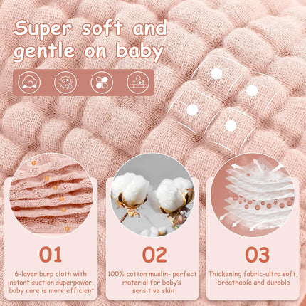 6-Pack Baby Girl Muslin Burp Cloths – Soft 100% Cotton, 20"x10", Pink