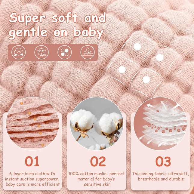 6-Pack Baby Girl Muslin Burp Cloths – Soft 100% Cotton, 20"x10", Pink