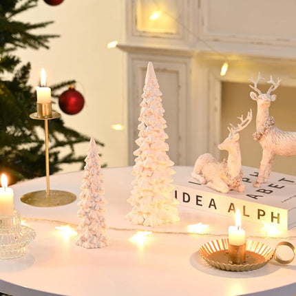 2PCS Resin White Christmas Tree Figurines | Mini Tabletop Xmas Decor