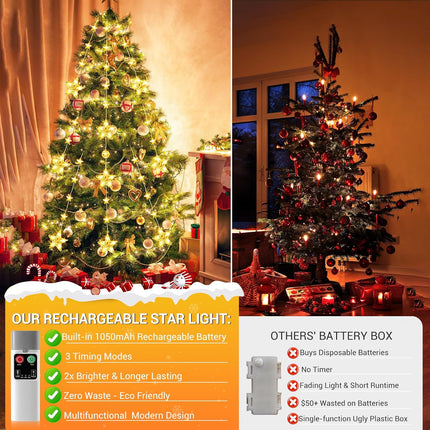 76 LED Star Curtain Lights IP65 Waterproof Rechargeable Christmas Window Lights