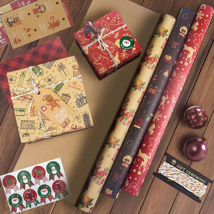 Christmas Wrapping Paper Set – 10 Kraft Sheets with 8 Stickers & Ribbon