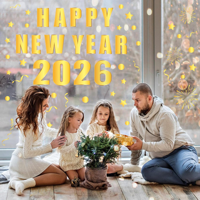 Happy New Year 2026 Window Decals – 6-Pc Gold Foil Party Decorations