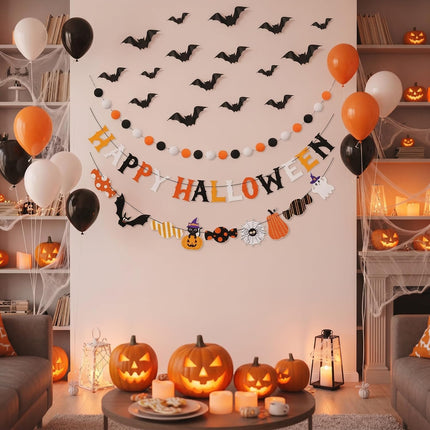 Happy Halloween Banner & Pom Pom Garland Kit, Candy Bat Wall Hanging Party Decor
