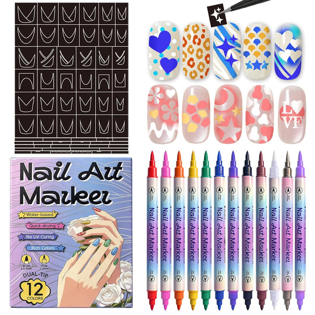 12-Color Nail Art Marker Pens with Stencils, Dual-Tip Brushes, Stickers & DIY Tools