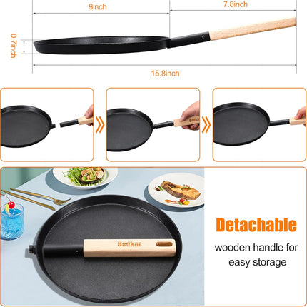 8" Pre-Seasoned Cast Iron Skillet, Flat Griddle Pan with Wooden Handle for Cooking